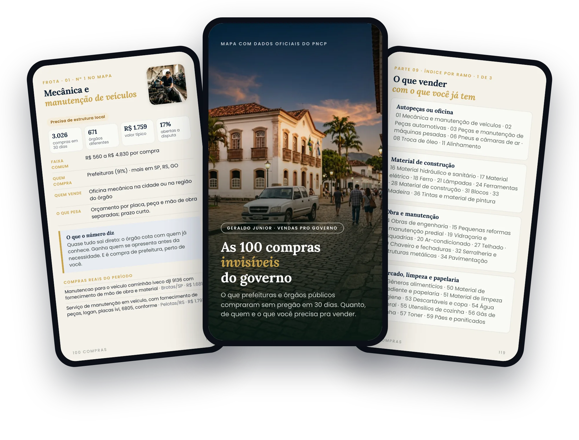 O mapa aberto em três celulares: ficha, capa e índice por ramo