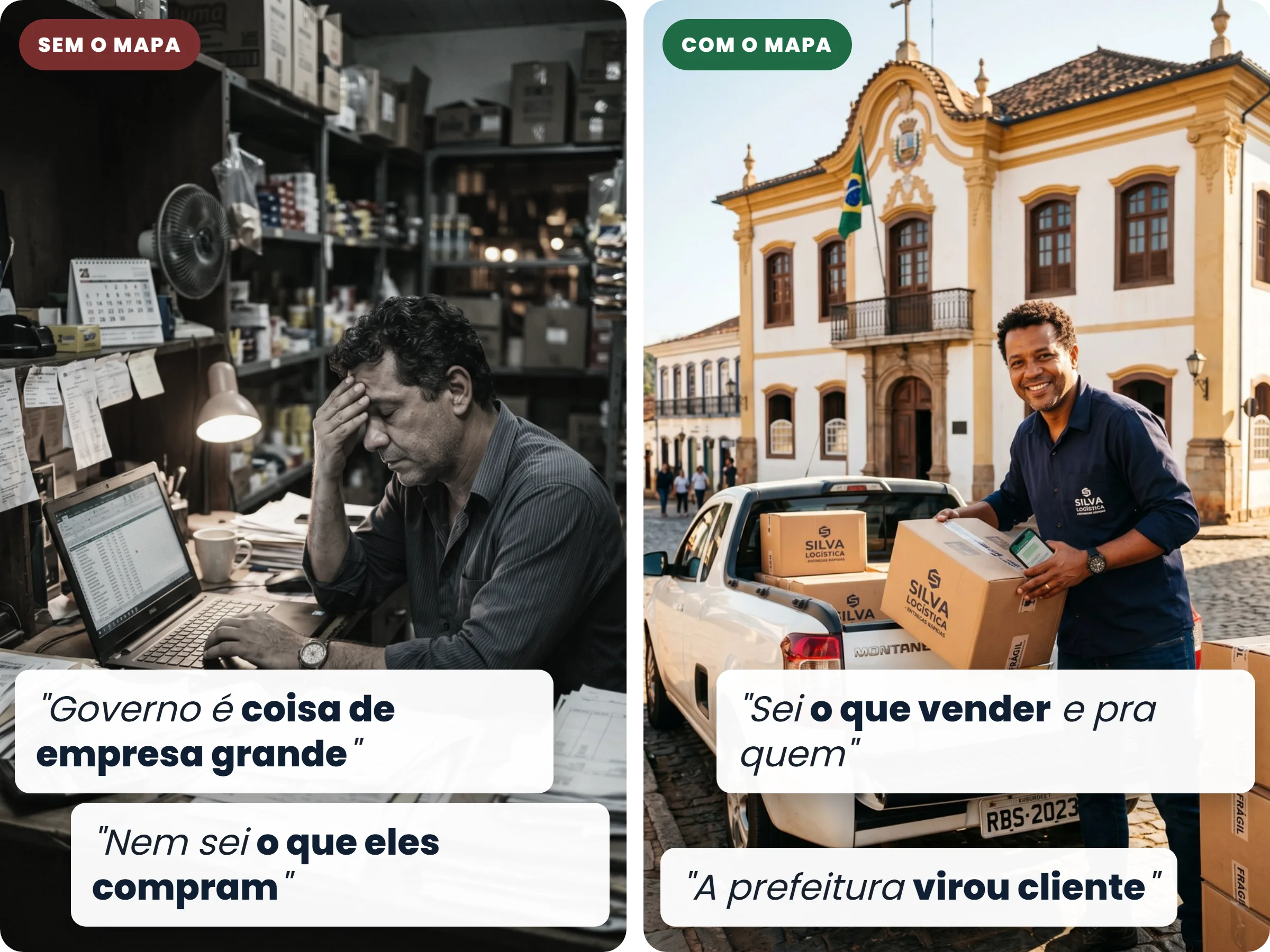 Empresário preocupado no escritório e o mesmo perfil de empresário entregando pedido na prefeitura